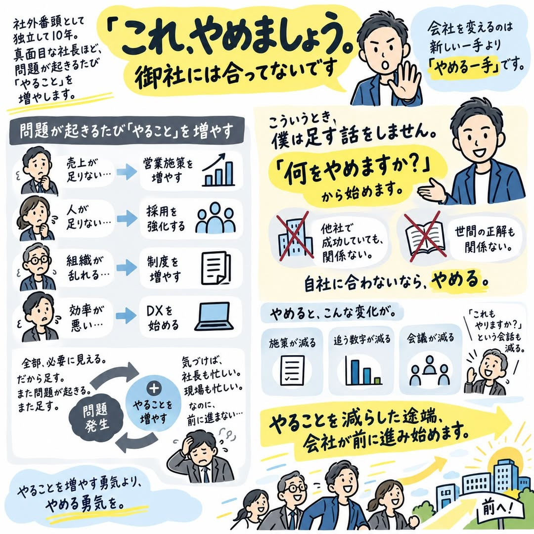 これ、やめましょう。御社には合ってないです ― 問題が起きるたび「やること」を増やす悪循環と、やめる一手で会社が前に進み始める話